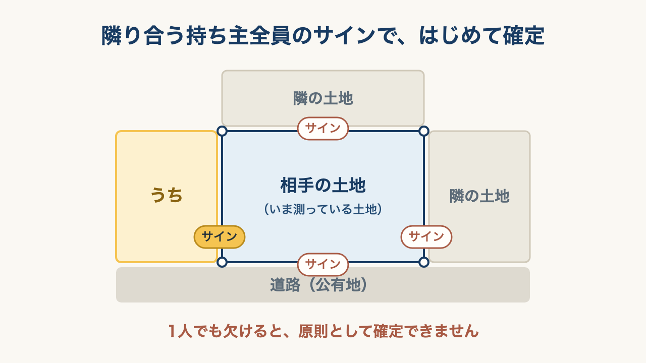 相手の土地を真ん中に、隣の土地・うち・道路の4つの境それぞれにサインの札が付いた図。1人でも欠けると原則として確定できない