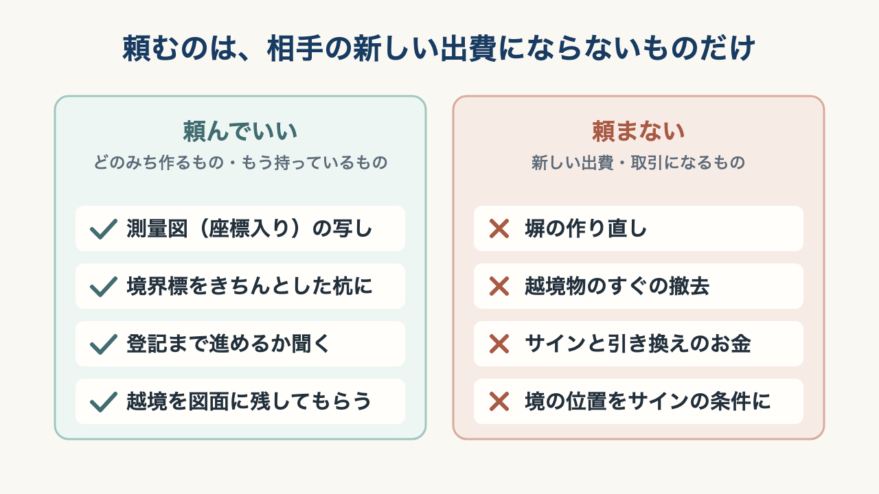 頼んでいいこと(測量図の写し、境界標、登記まで進めるか、越境の記録)と、頼まないこと(塀の作り直し、越境物のすぐの撤去、サインと引き換えのお金、境の位置をサインの条件にする)の比較の図